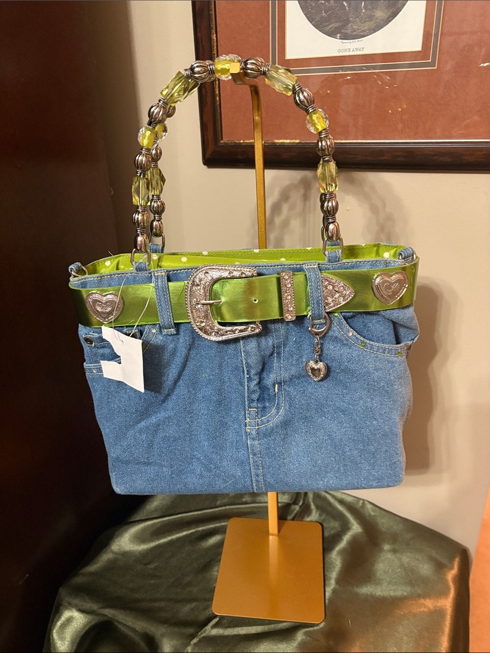 Denim Structured Tote with Lime Green Trim & Beaded Handles • Boutique Style • 2